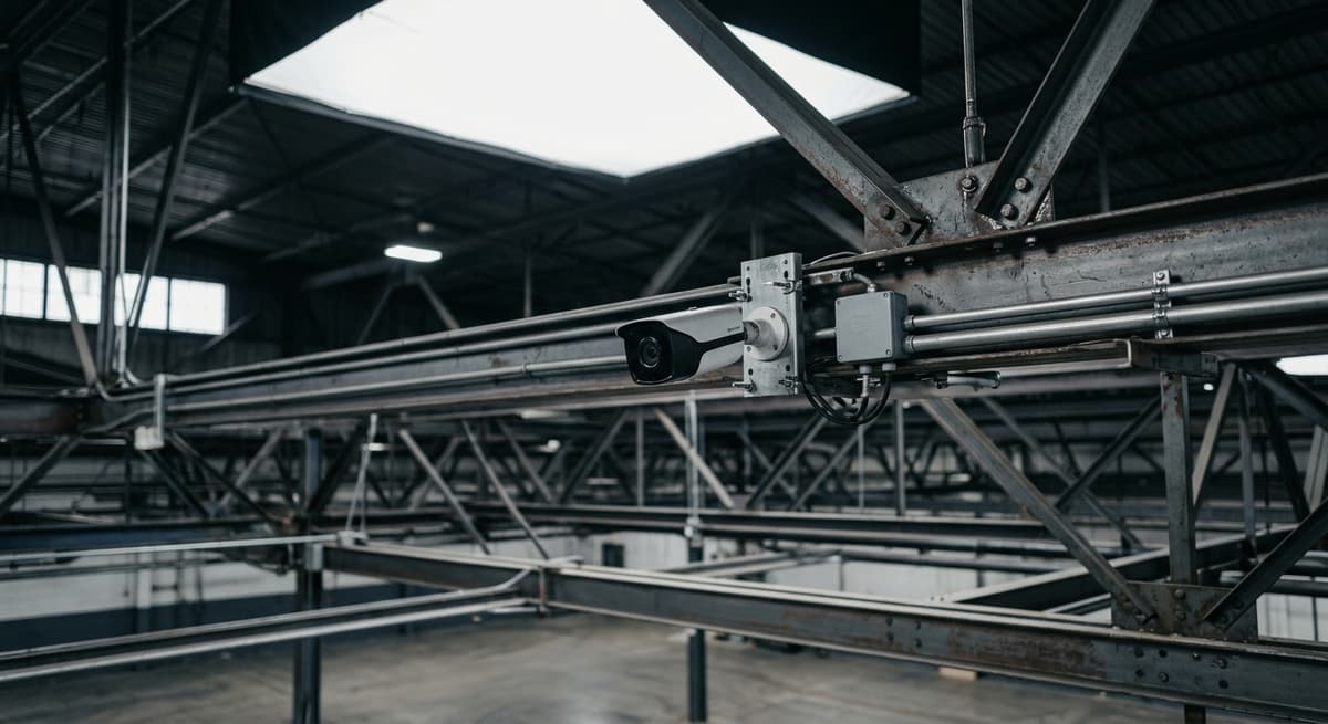 Connecticut warehouse interior with high-mounted security cameras on metal rafters