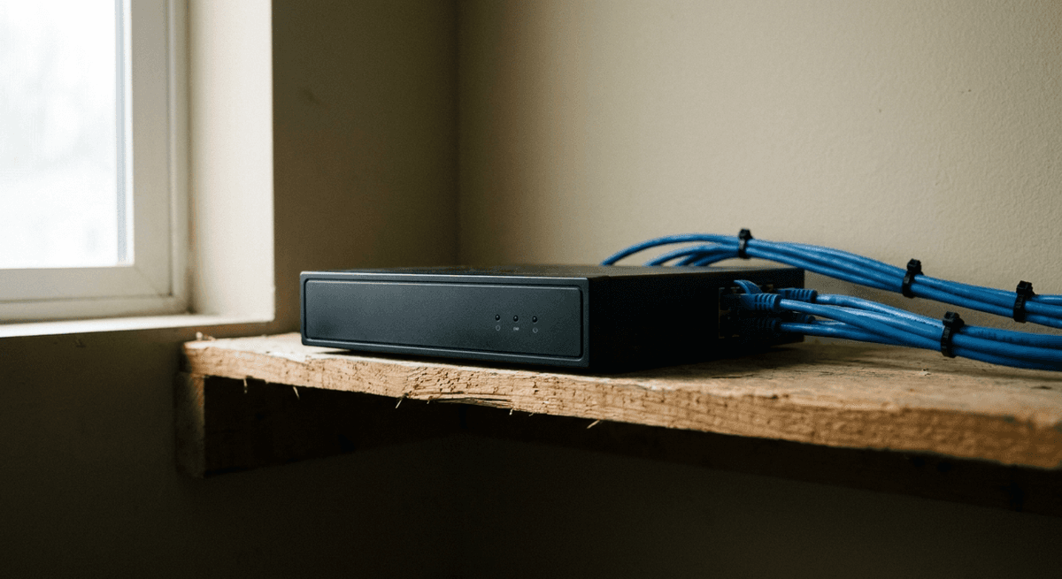Pequeña grabadora de video negra sobre un estante de madera con cables ethernet azules conectados