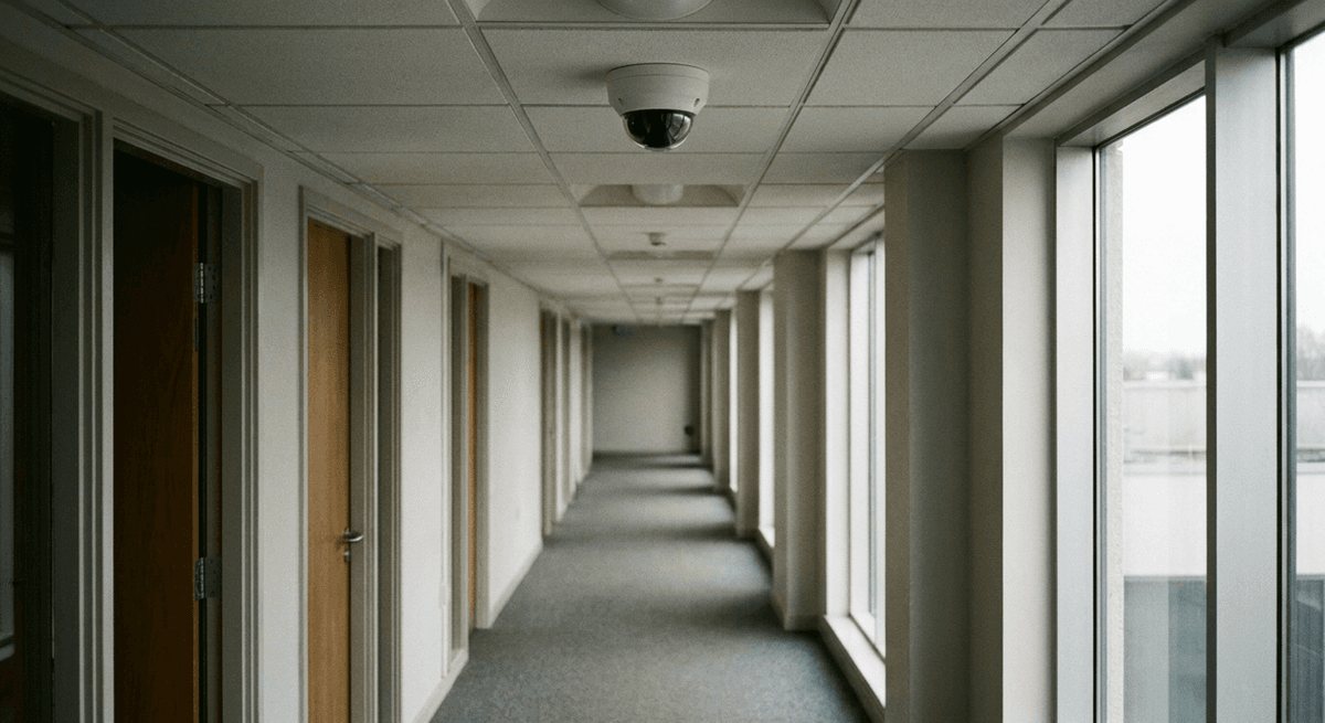 un pasillo de oficina con una cámara de seguridad domo blanca lisa en el techo