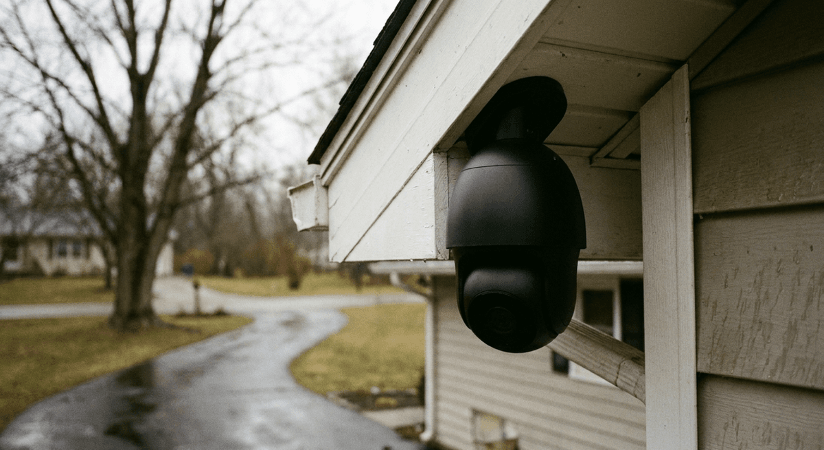 una cámara de seguridad de domo negra lisa instalada bajo el alero de una casa sobre un camino mojado