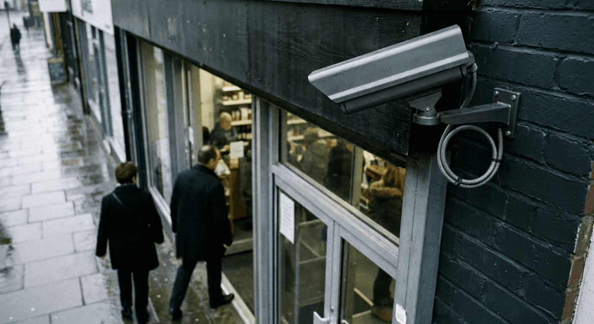 cámara de seguridad gris lisa montada sobre la entrada de una tienda mientras entran clientes