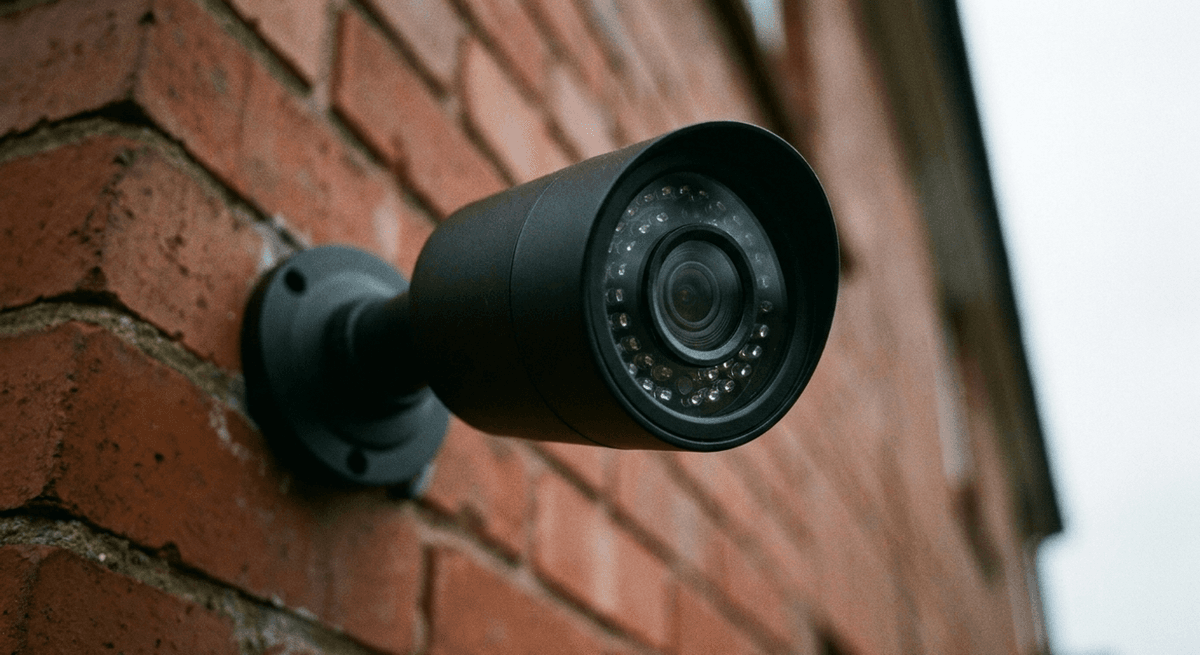 Primer plano de una cámara de seguridad negra y lisa en un muro de ladrillo con leds infrarrojos alrededor del lente