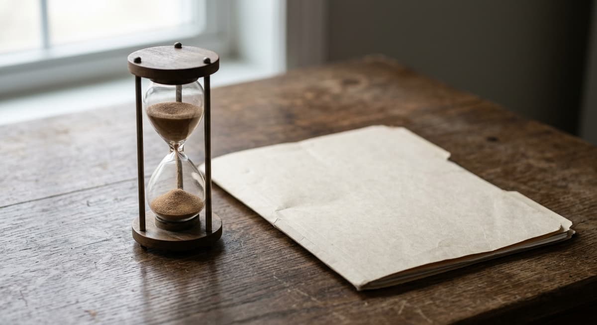 an hourglass on a desk beside a closed folder in soft window light