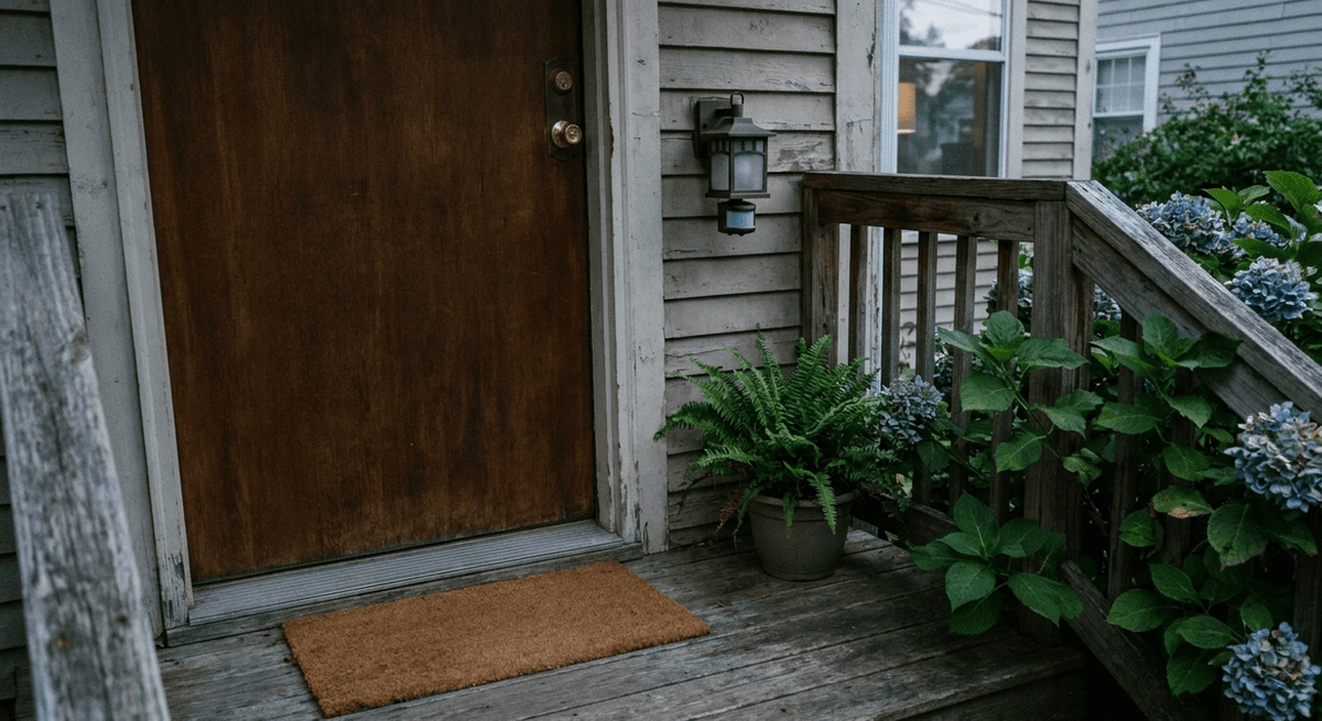 A front porch at dusk with a wooden door, a plain doormat and a motion-sensor lantern on the wall