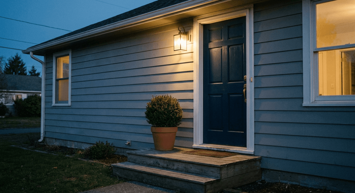 A house front door at dusk with a lit porch lantern, potted shrub and two wooden steps