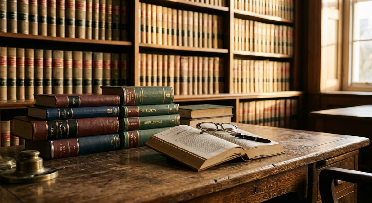 library reading room with rows of law books and a wooden desk