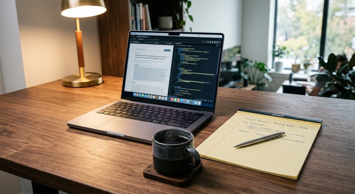clean desk with a laptop, legal pad, and coffee mug in a modern office