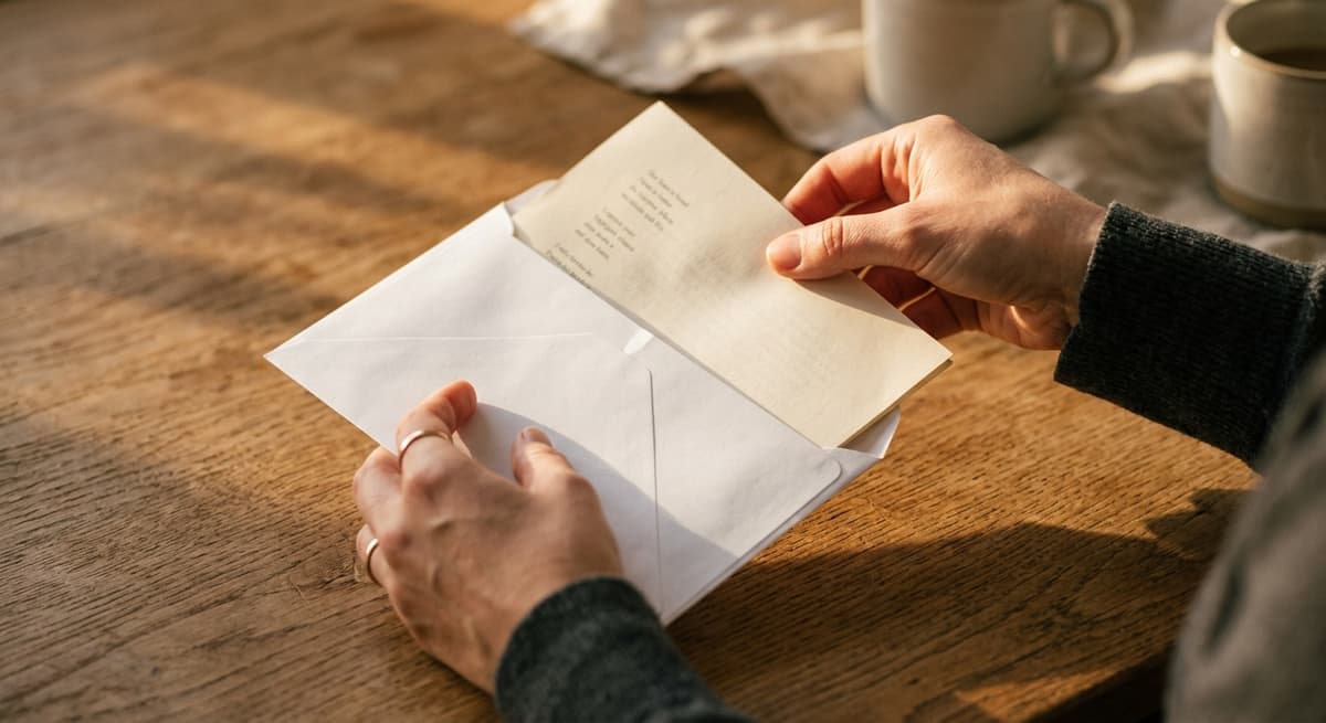 Federal hands placing a document into a white envelope