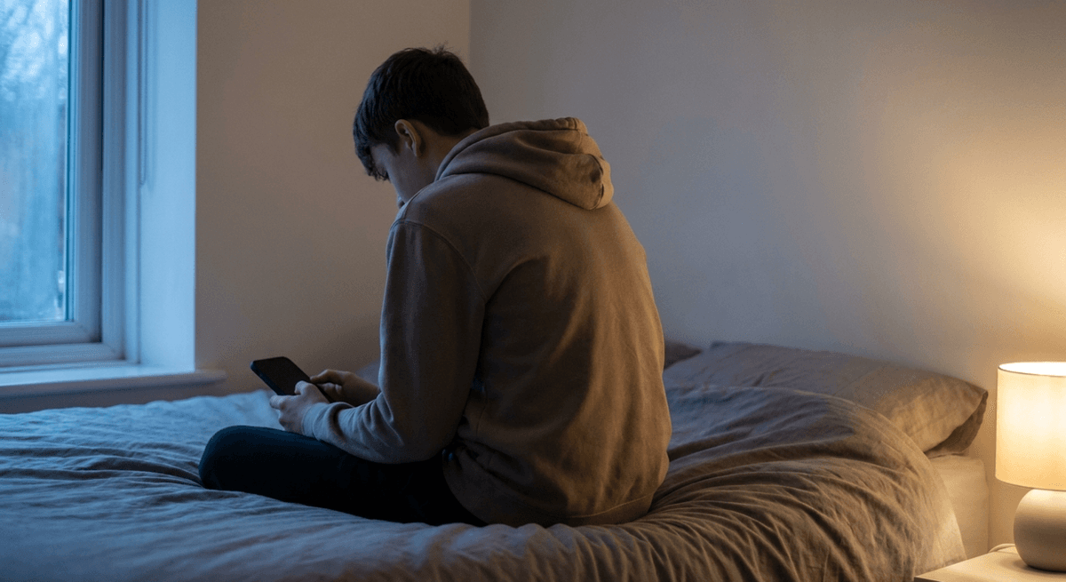 Teenager seen from behind sitting on a bed at dusk holding a phone in both hands, lamp glowing beside