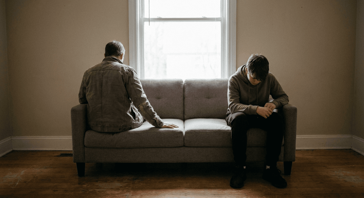Parent and teenager sitting apart on a sofa in front of a window, the teenager looking down