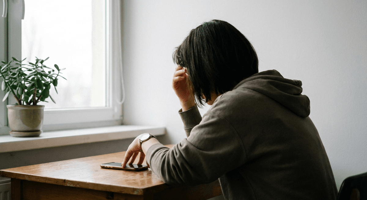 Teenager at a bedroom desk beside a window, one hand on their head, phone resting on the desk