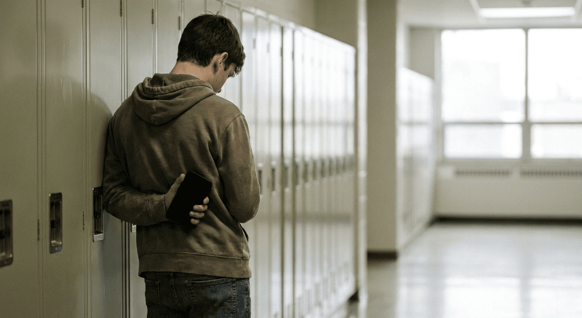Teenager leaning against school lockers with a phone held behind their back, head bowed
