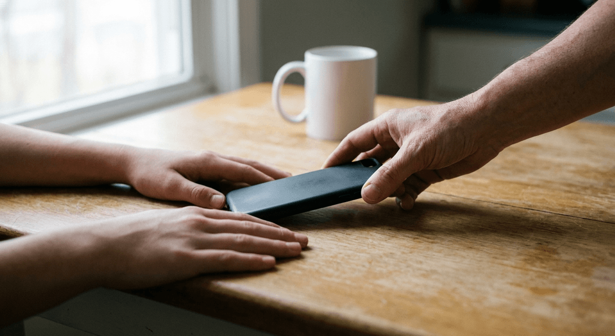 Adult hand sliding a phone in a plain black case across a wooden table toward a teenager's hands