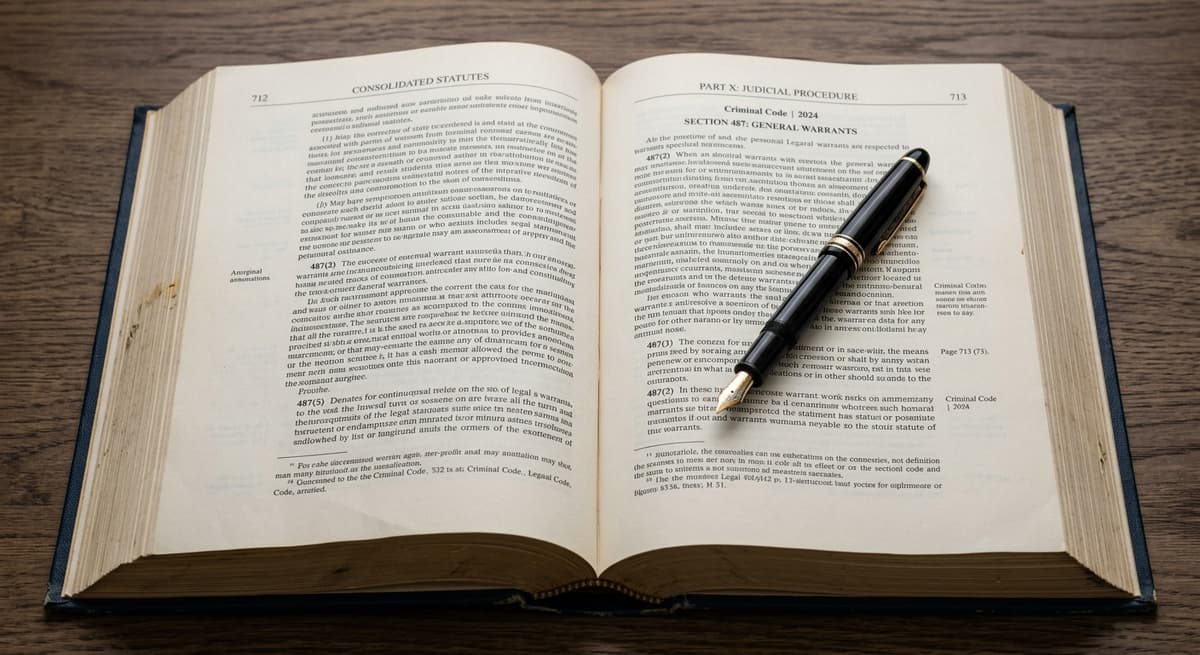 una pluma descansando sobre un libro de estatutos legales abierto