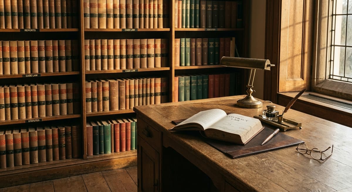 sala de lectura de biblioteca con hileras de libros de derecho y un escritorio de madera