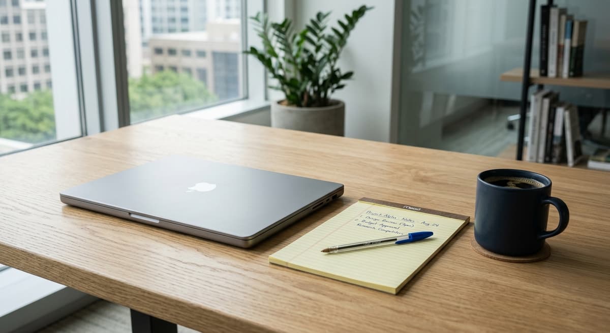 escritorio limpio con una laptop, un cuaderno legal y una taza de café en una oficina moderna