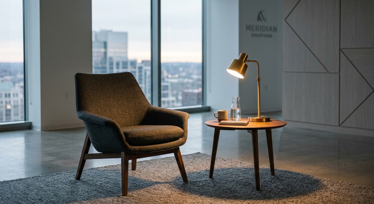 area de recepcion de oficina moderna con una silla y una mesa pequena