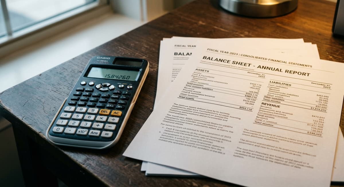 una calculadora junto a estados financieros impresos sobre un escritorio