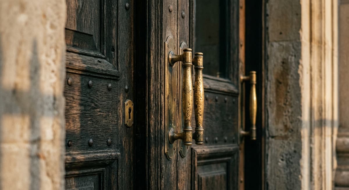 puerta de entrada a un juzgado con manijas de bronce
