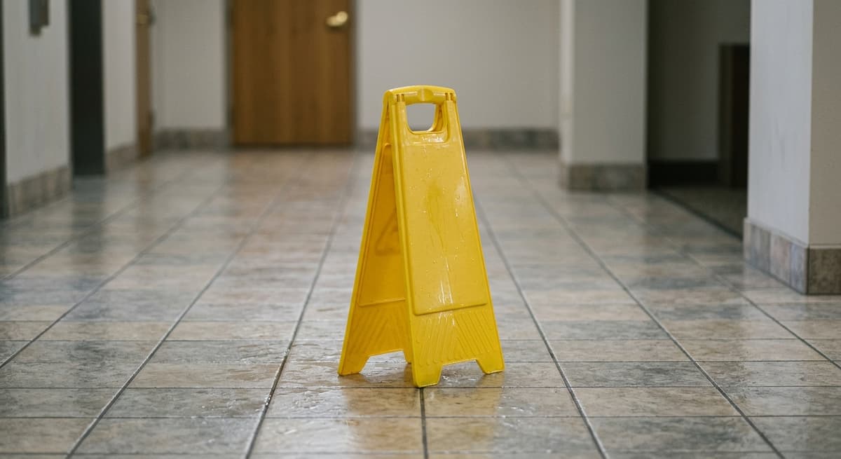un cono de precaución amarillo de piso mojado sobre un piso de baldosas, sin personas