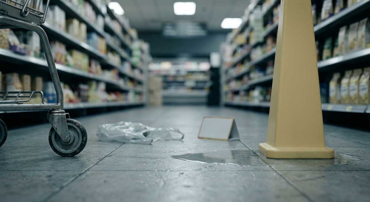 el piso mojado del pasillo de un supermercado con un charco tenue, sin personas
