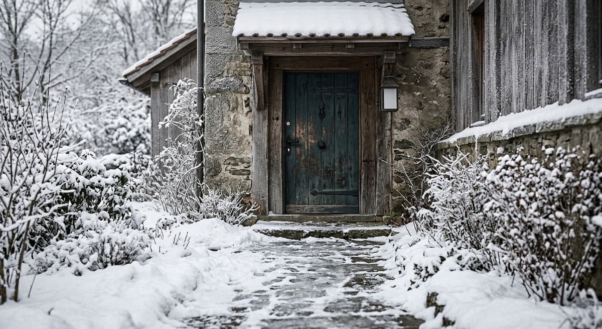 una acera helada y cubierta de nieve afuera de una puerta en invierno, sin personas