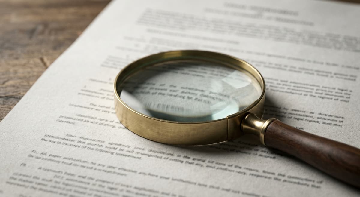 una lupa apoyada sobre un documento legal impreso en un escritorio