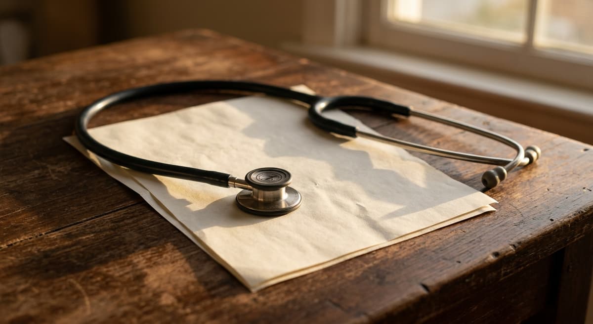 una factura de hospital y un estetoscopio apoyados sobre un escritorio