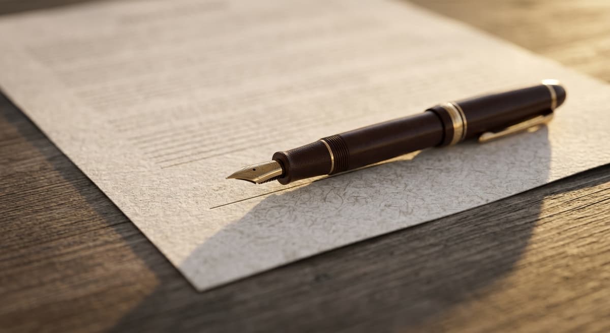una pluma fuente apoyada sobre la línea de firma de un documento impreso