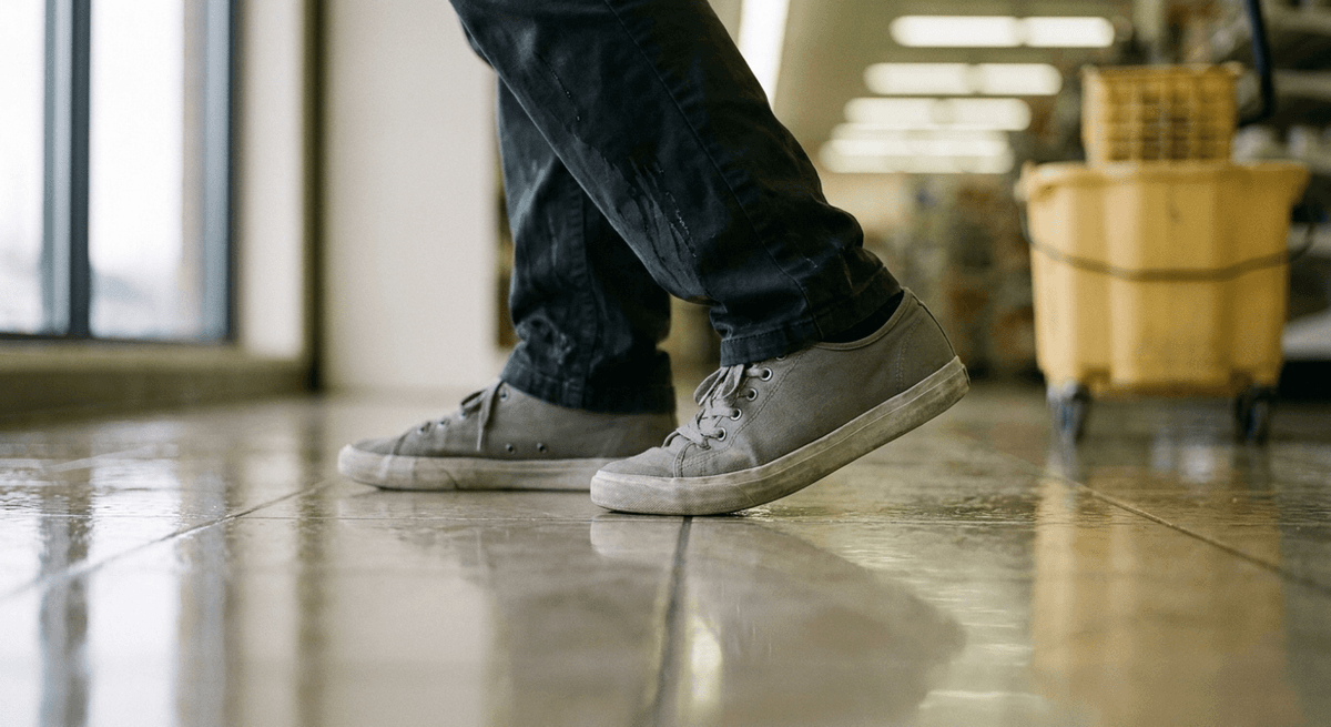 Low view of grey sneakers on a glossy wet tile floor in a shop aisle with a mop bucket behind