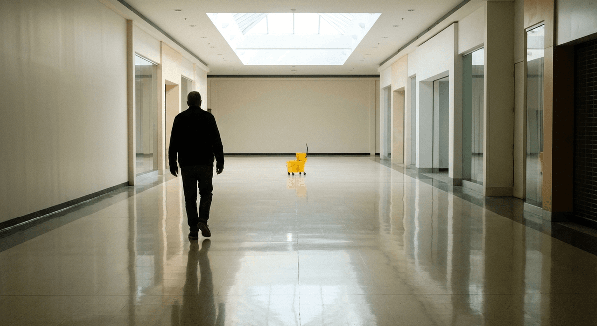 Person seen from behind walking across a wide, glossy-floored shopping corridor toward a yellow mop bucket