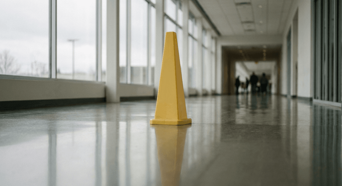 a plain yellow caution cone standing on a glossy floor in a bright, empty retail corridor