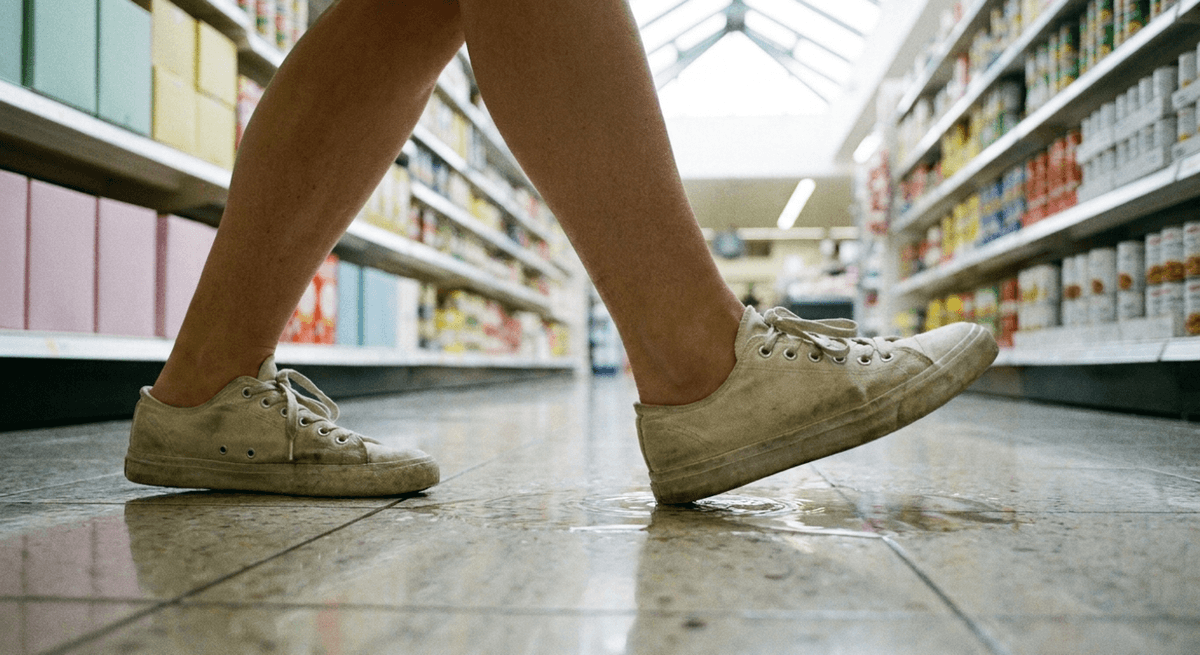 A shopper's sneakered foot stepping toward a small puddle on a glossy supermarket aisle floor
