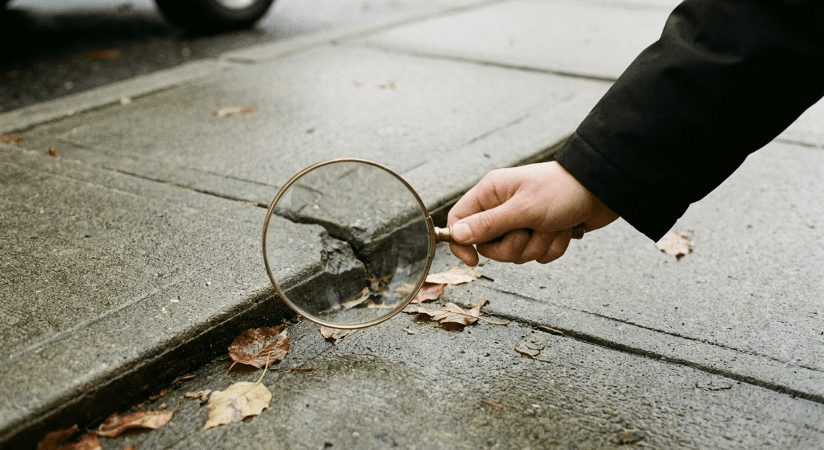 A hand holding a brass magnifying glass over a cracked, lifted edge of a concrete sidewalk slab