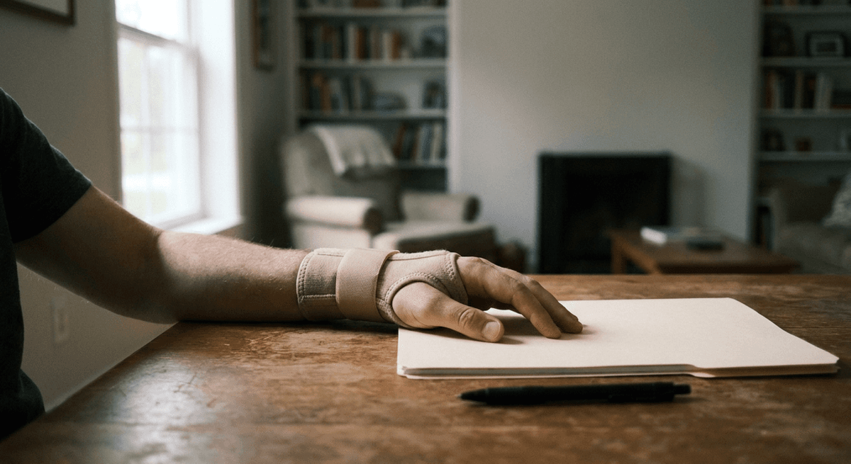 A forearm in a beige wrist brace resting on a wooden table beside a closed manila folder and a black pen