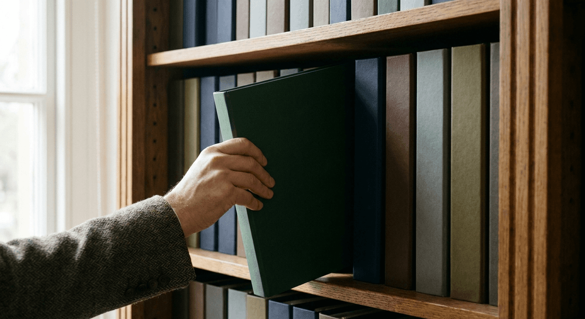 A hand pulling a plain dark-green binder with a blank spine from a wooden shelf of muted-colored binders