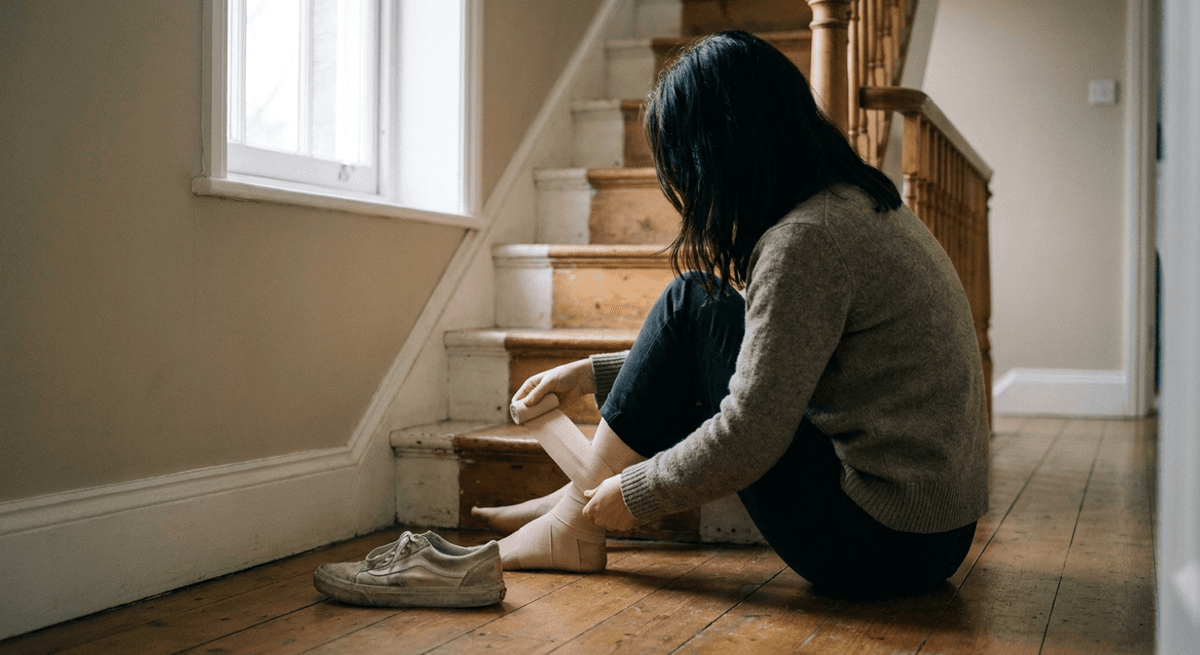 woman sitting on a staircase floor wrapping an elastic bandage around her ankle