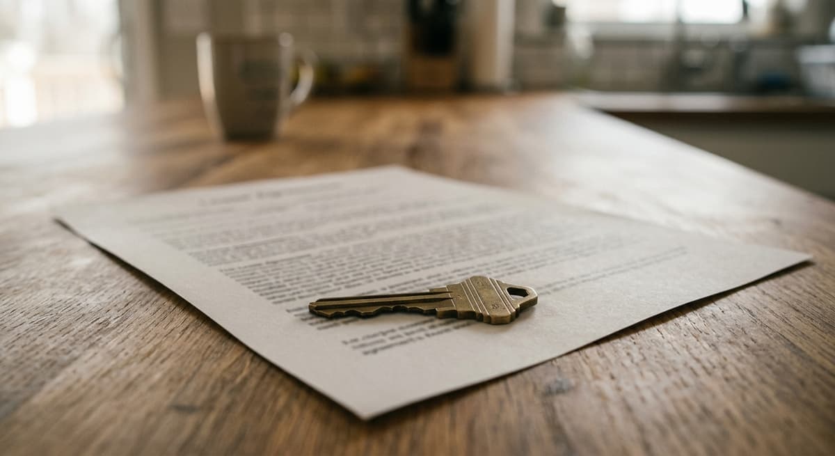 Nevada una sola llave de casa sobre un contrato de arrendamiento impreso en la encimera de una cocina