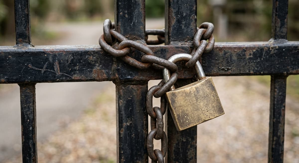 Nevada una cadena pesada y un candado que aseguran una puerta metalica en la entrada de un camino de acceso