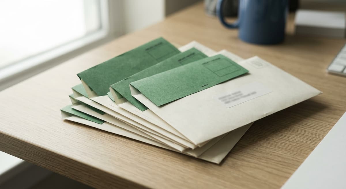 Illinois una pila de sobres de correo certificado con tarjetas verdes de acuse de recibo sobre un escritorio