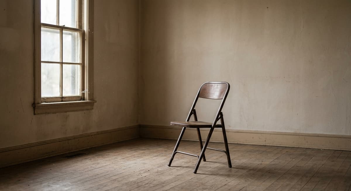 Indiana una sala de estar vacia de una casa con paredes desnudas y una sola silla plegable, luz polvorienta que entra por la ventana