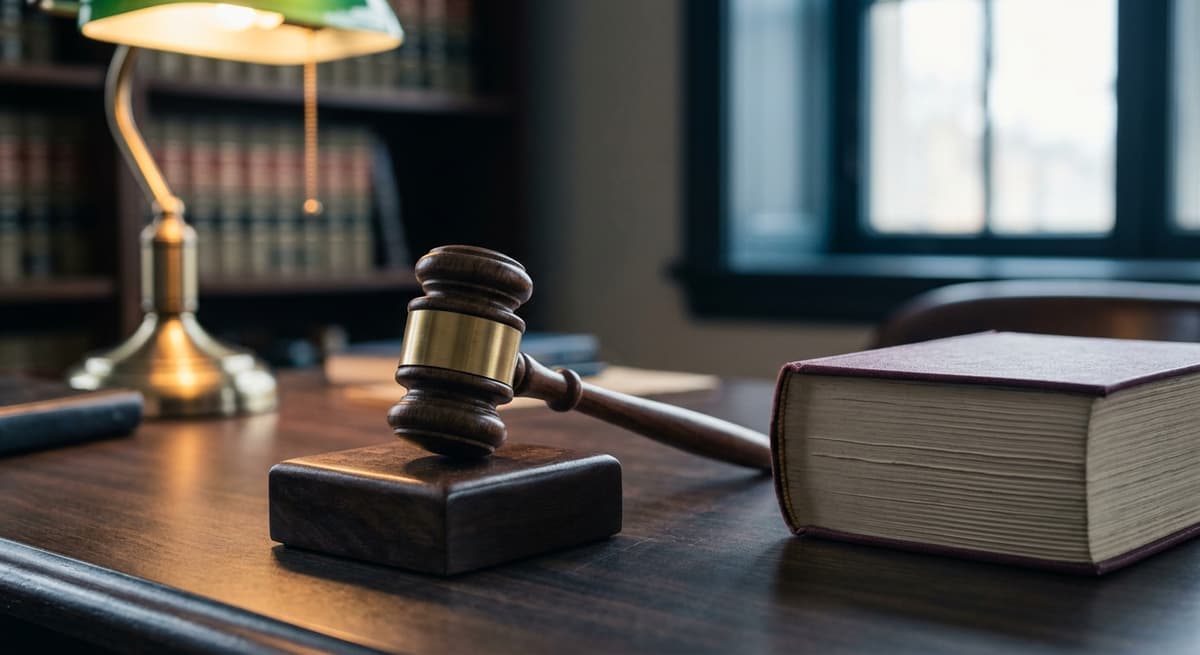 Illinois un mazo de madera de juez apoyado sobre una base de sonido junto a un libro de leyes cerrado