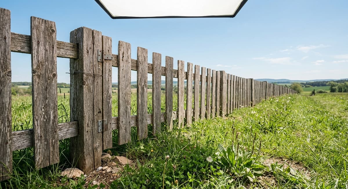Connecticut cerca de madera desgastada a lo largo del limite de una propiedad con pasto bajo un cielo despejado