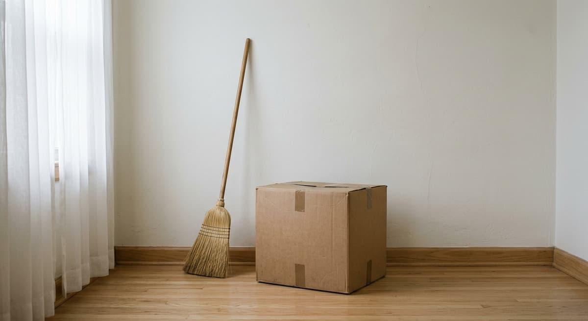 Colorado una caja de mudanza de carton y una escoba apoyadas contra la pared de una habitacion vacia