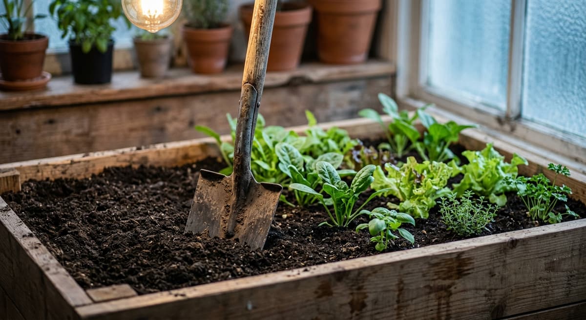 Indiana un pequeno huerto de vegetales con una pala clavada en la tierra junto a una parcela labrada