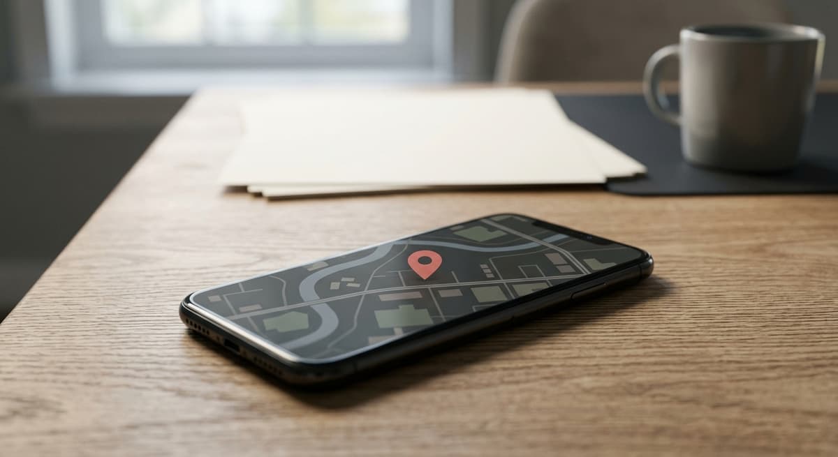 Utah un telefono inteligente sobre un escritorio que muestra un simple marcador de ubicacion en la pantalla