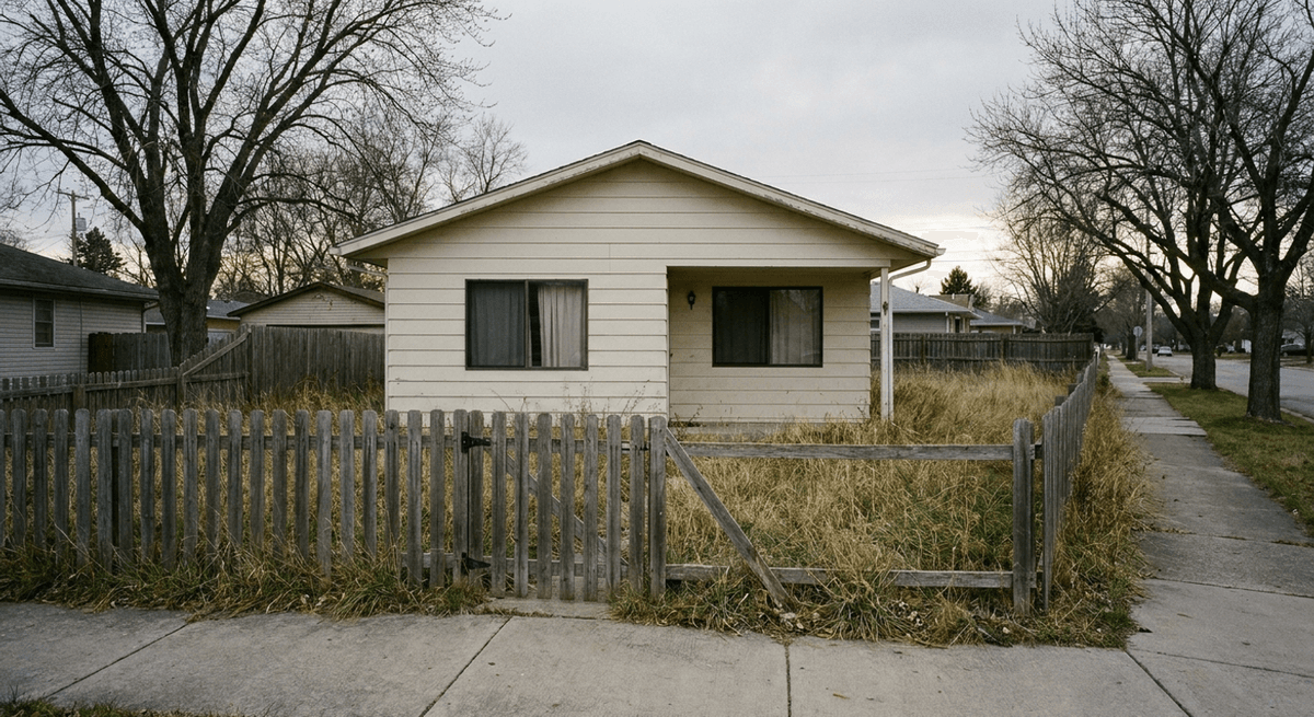 A modest house behind an overgrown lawn and a weathered picket fence with a leaning gate