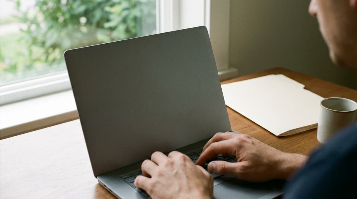Hands typing on a laptop at a home desk beside a closed folder and a mug