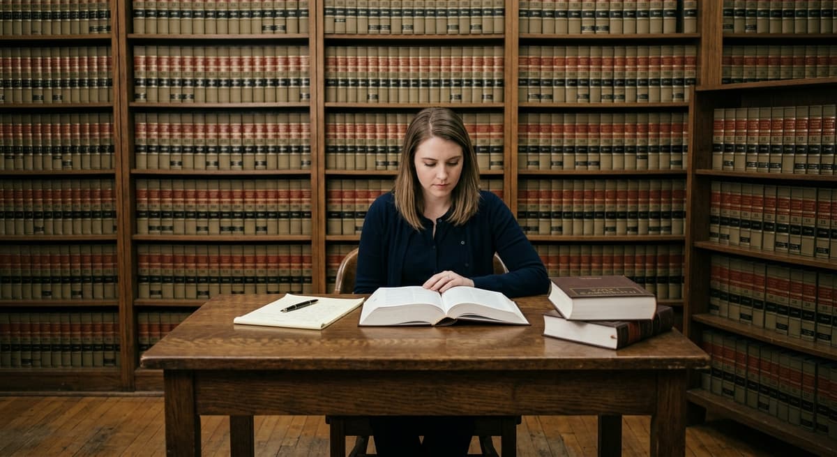 library reading room with rows of law books and a wooden desk