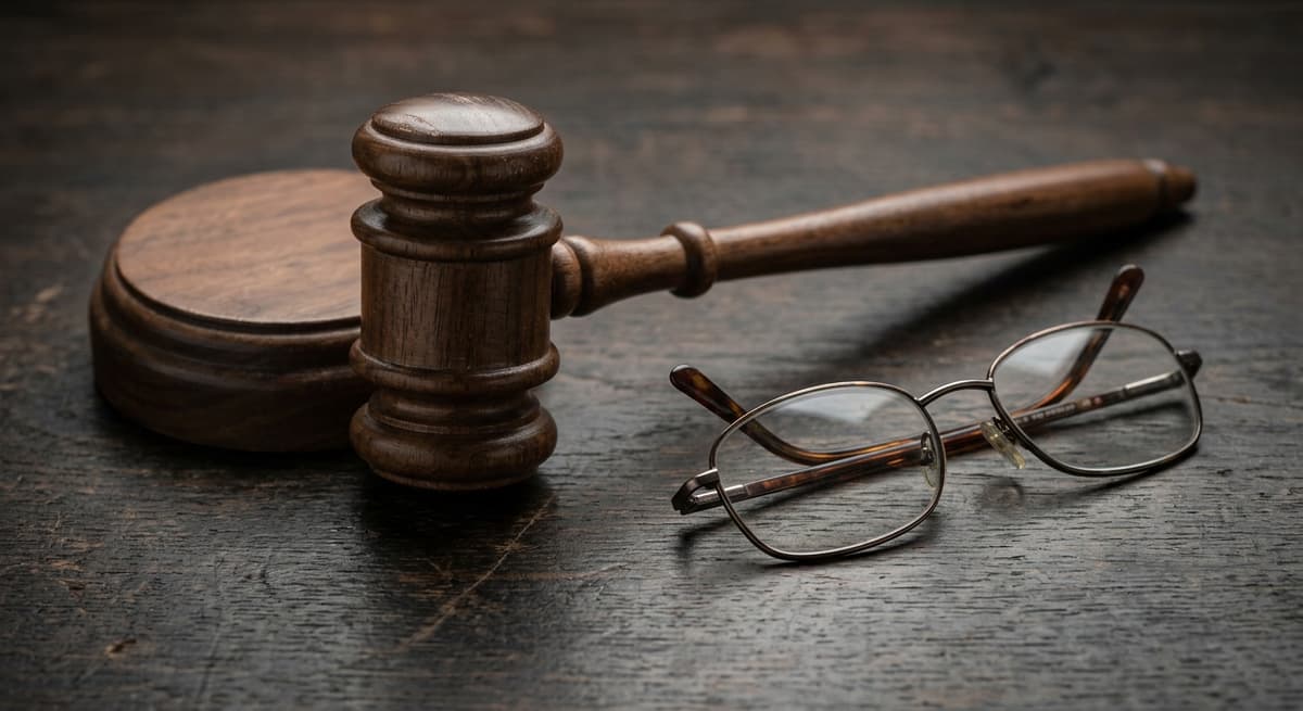 gavel resting next to reading glasses on a dark surface